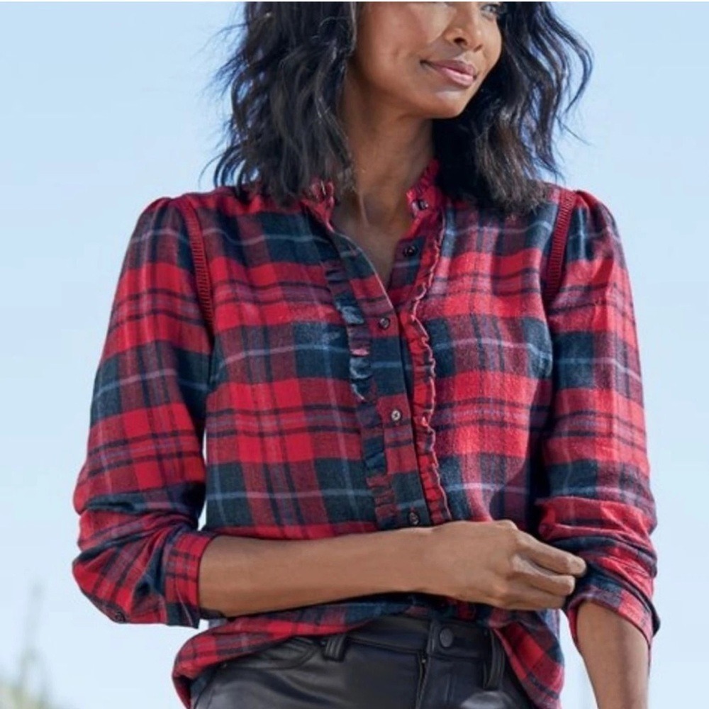 Soft Surroundings Triana Lightweight Flannel Plaid Shirt Ruffle Button Front 2X
